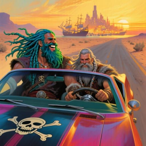 Pirate King Drives Muscle Car in Desert Sunset, Cinematic St...
