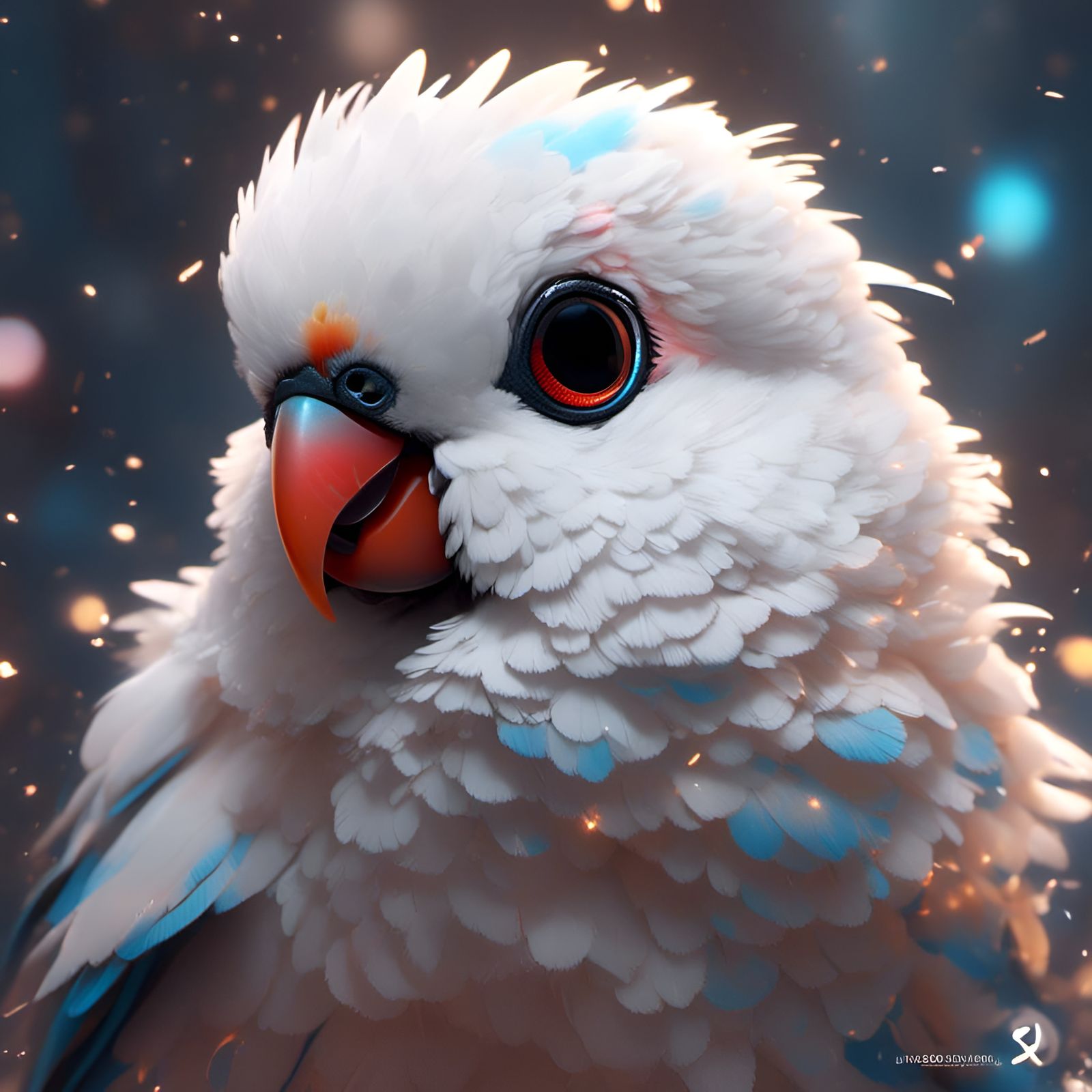 Chibi White Parrot with Big Eyes: Detailed Portrait