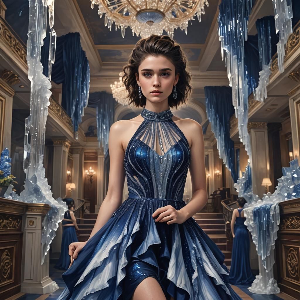 Woman in Crystal Dress in Ballroom, Hyperrealistic