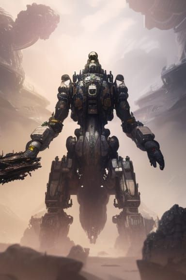 Gundam Warrior in Space Ruins: Black Ink Sci-Fi Sketch