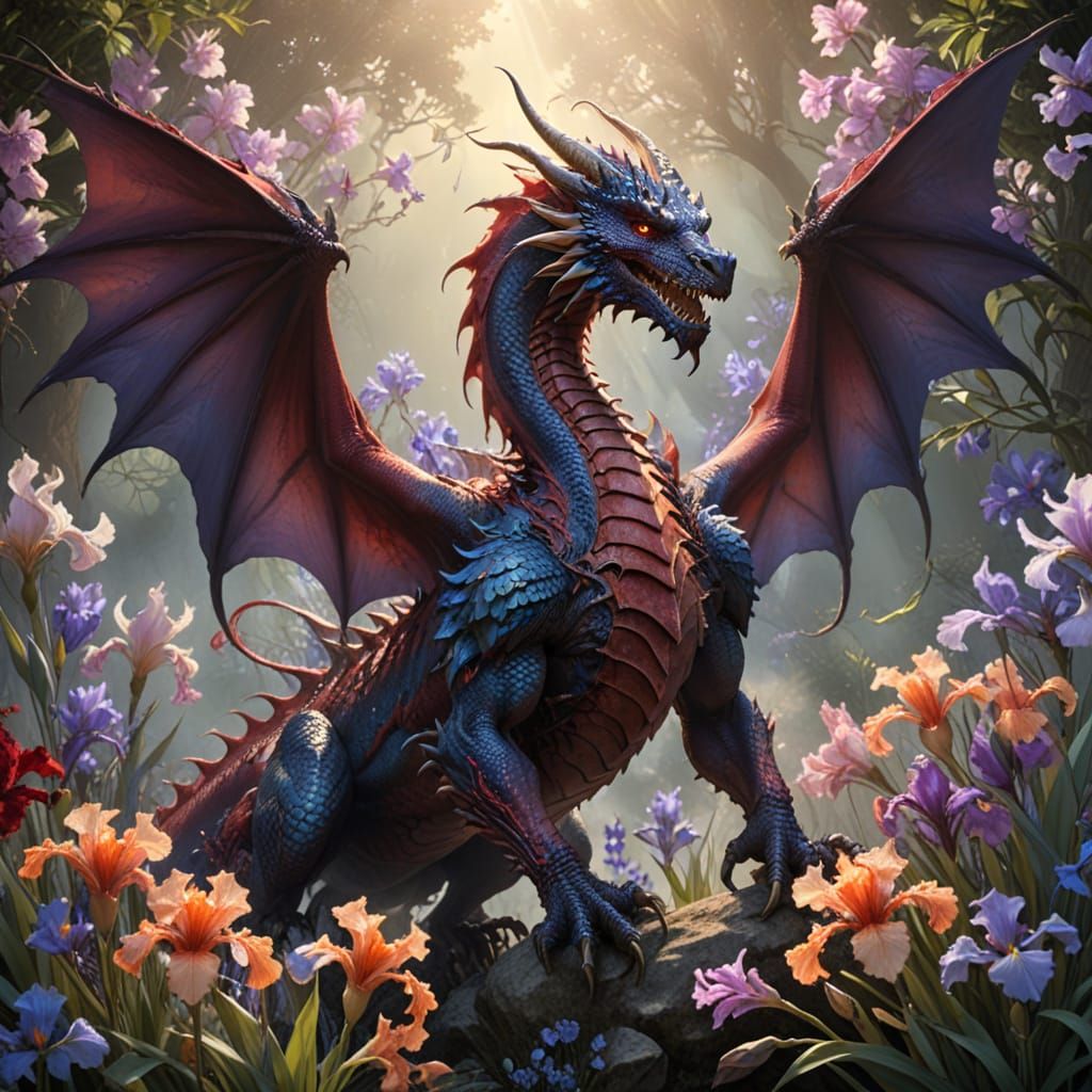 Ethereal Crimson Dragon Amidst Vibrant Blooms