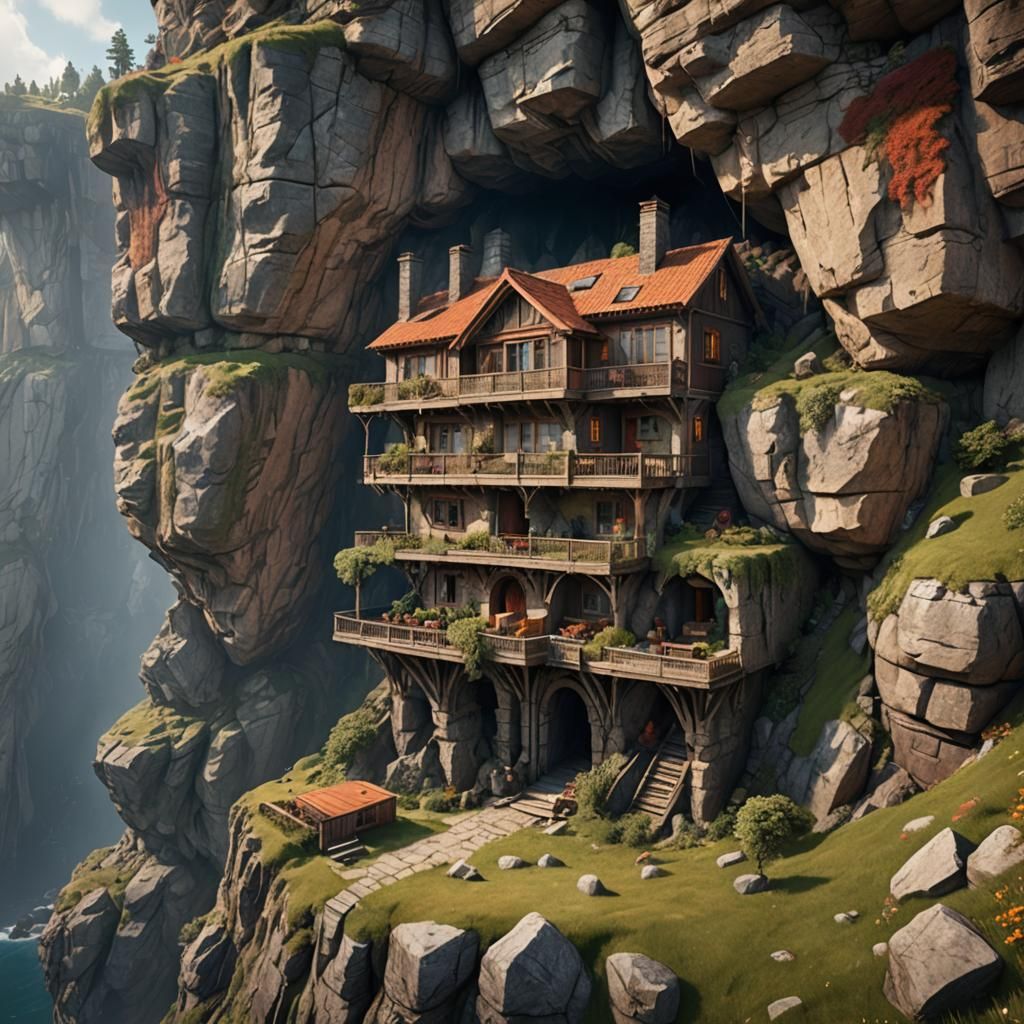 Cliffside Earth House: Detailed Fantasy Concept Art