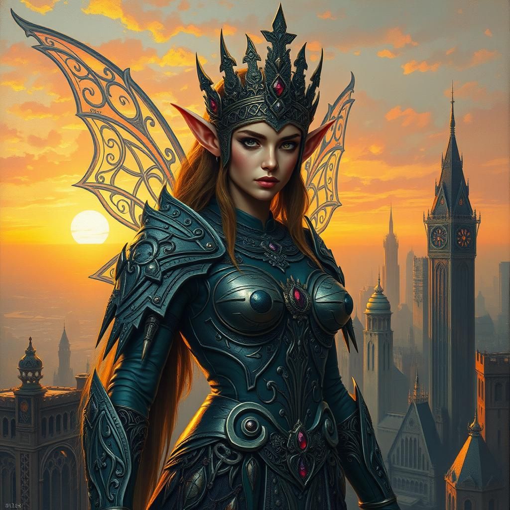 Celtic Queen Fairy Elf in Dystopian Cityscape