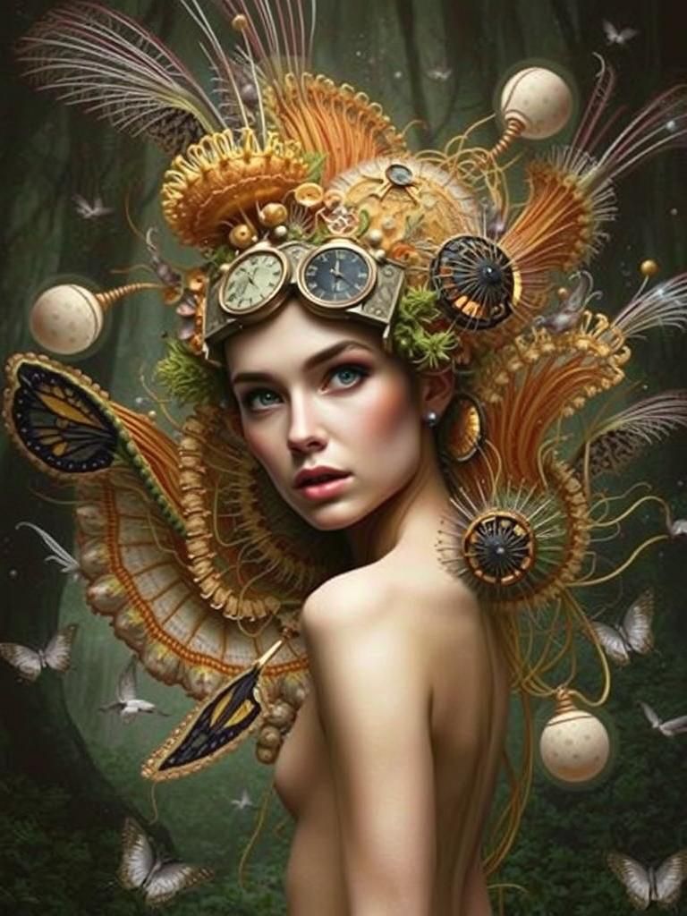 Clockwork Woman in Mycelium Network: Fashion Magazine Art