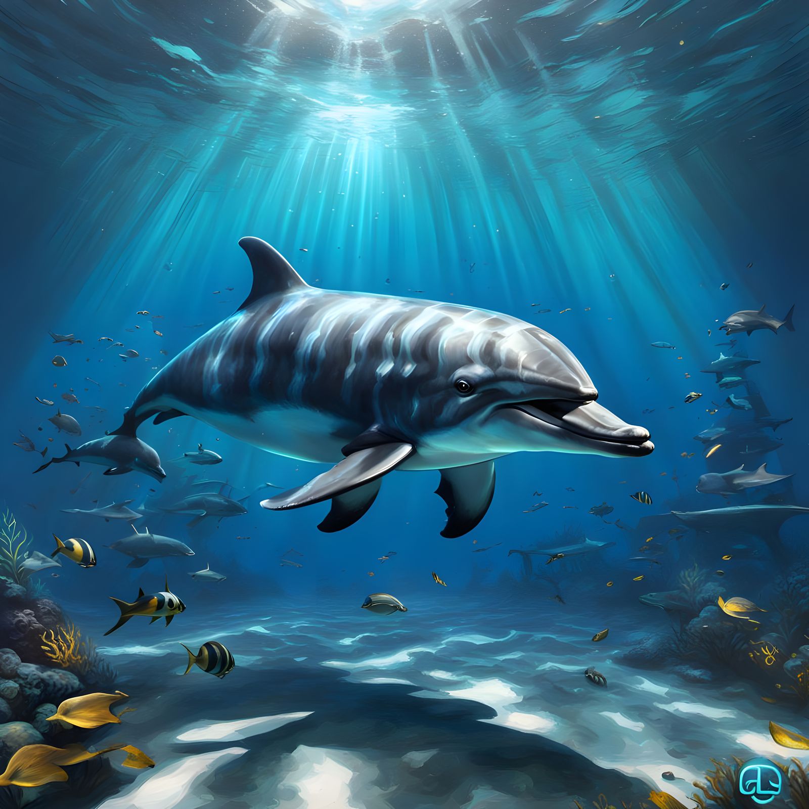 Dolphin Playing: 3D Oil Painting with Shadow Depth