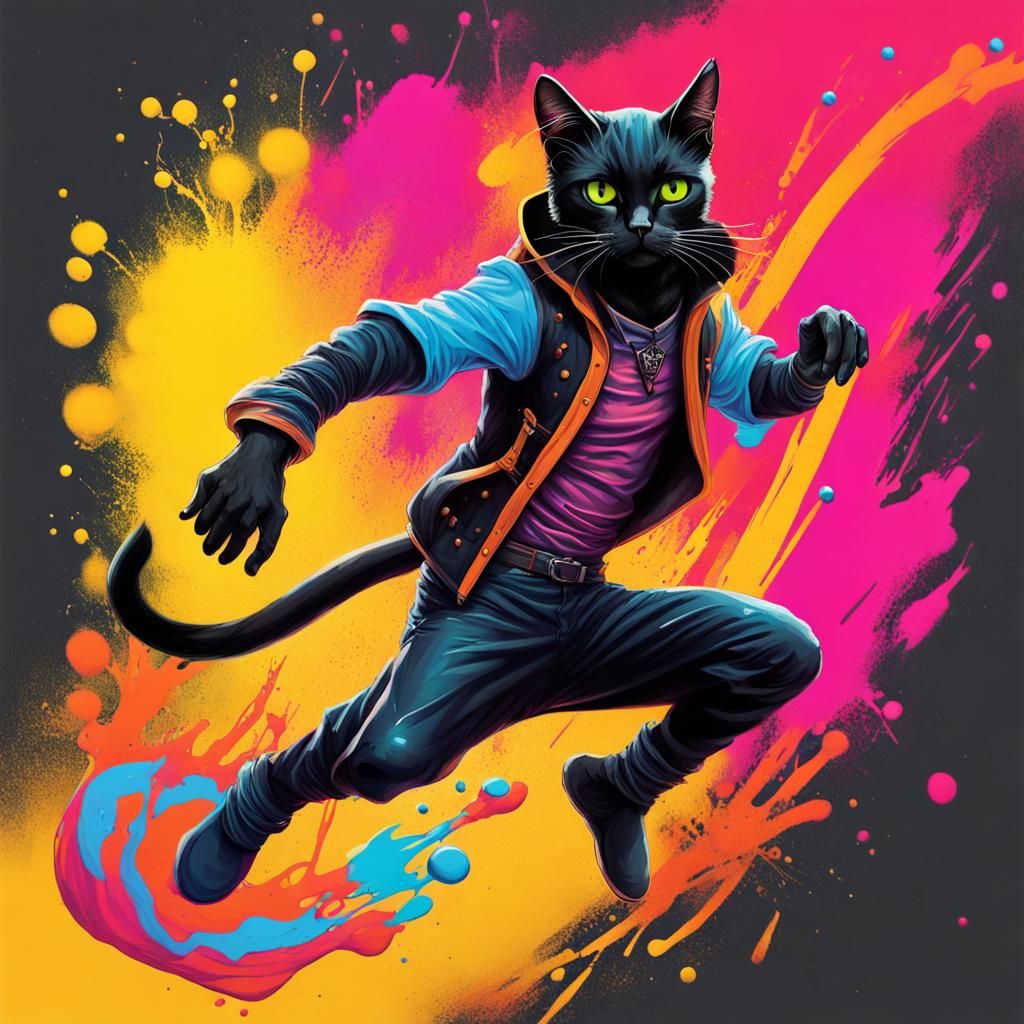 D&D Acrobat Cat Time-Wizard in Circus Graffiti Art