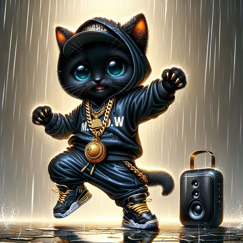 Hip-Hop Kitten Dancing in the Rain: 3D Illustration