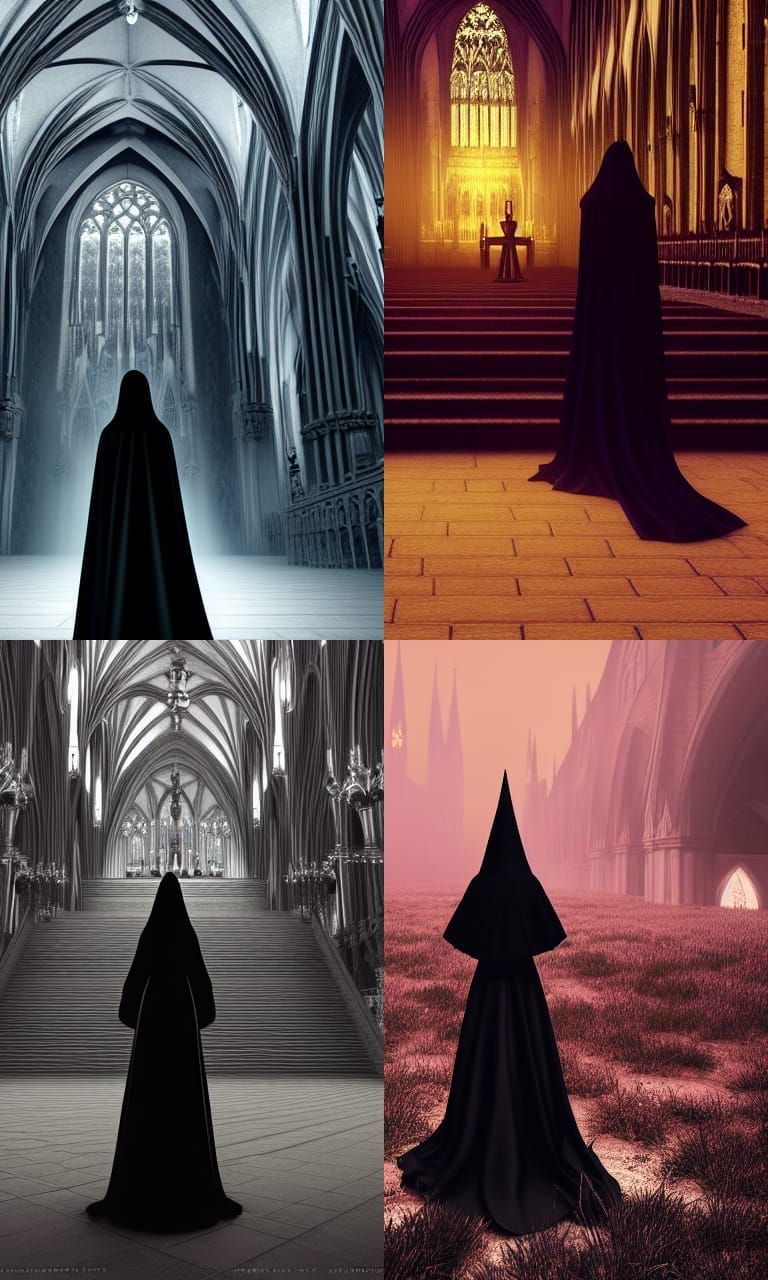 Evil Witch Queen Praying in Cathedral, Dark Fantasy Art