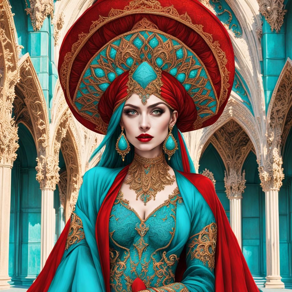 Ethereal Gothic Beauty with Turquoise and Gold Accents