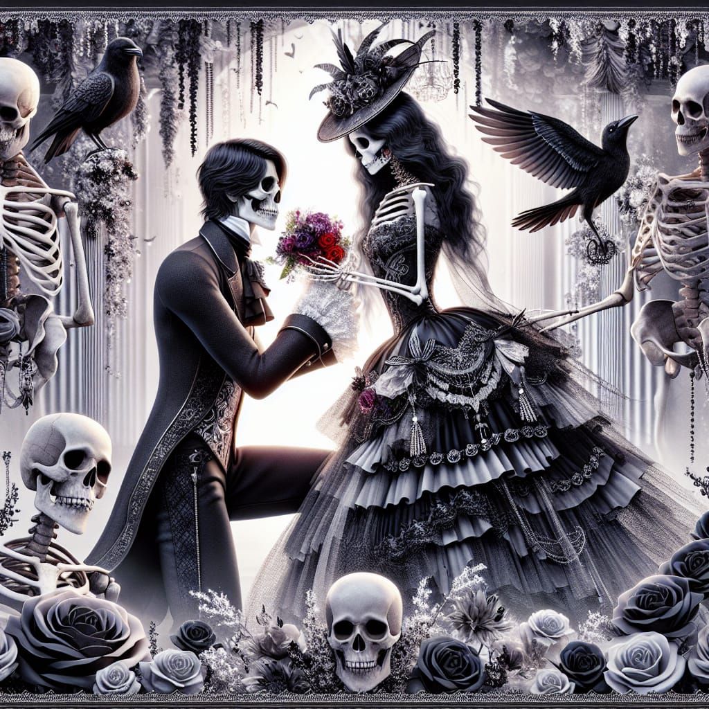 Gothic Romance: Skeletons Exchange Flowers in Spectral Ballr...