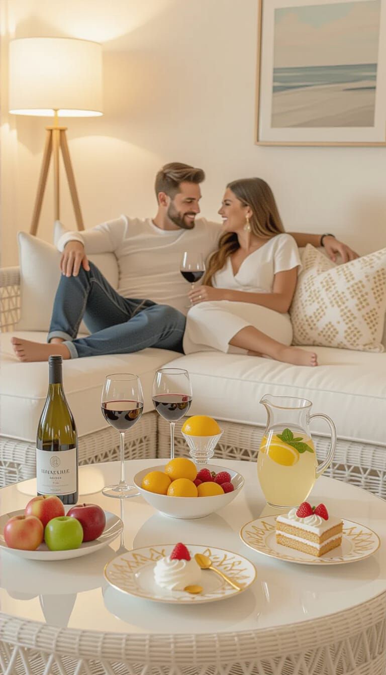 Couple Relaxing on Modern Chaise Lounge in Warm Lighting