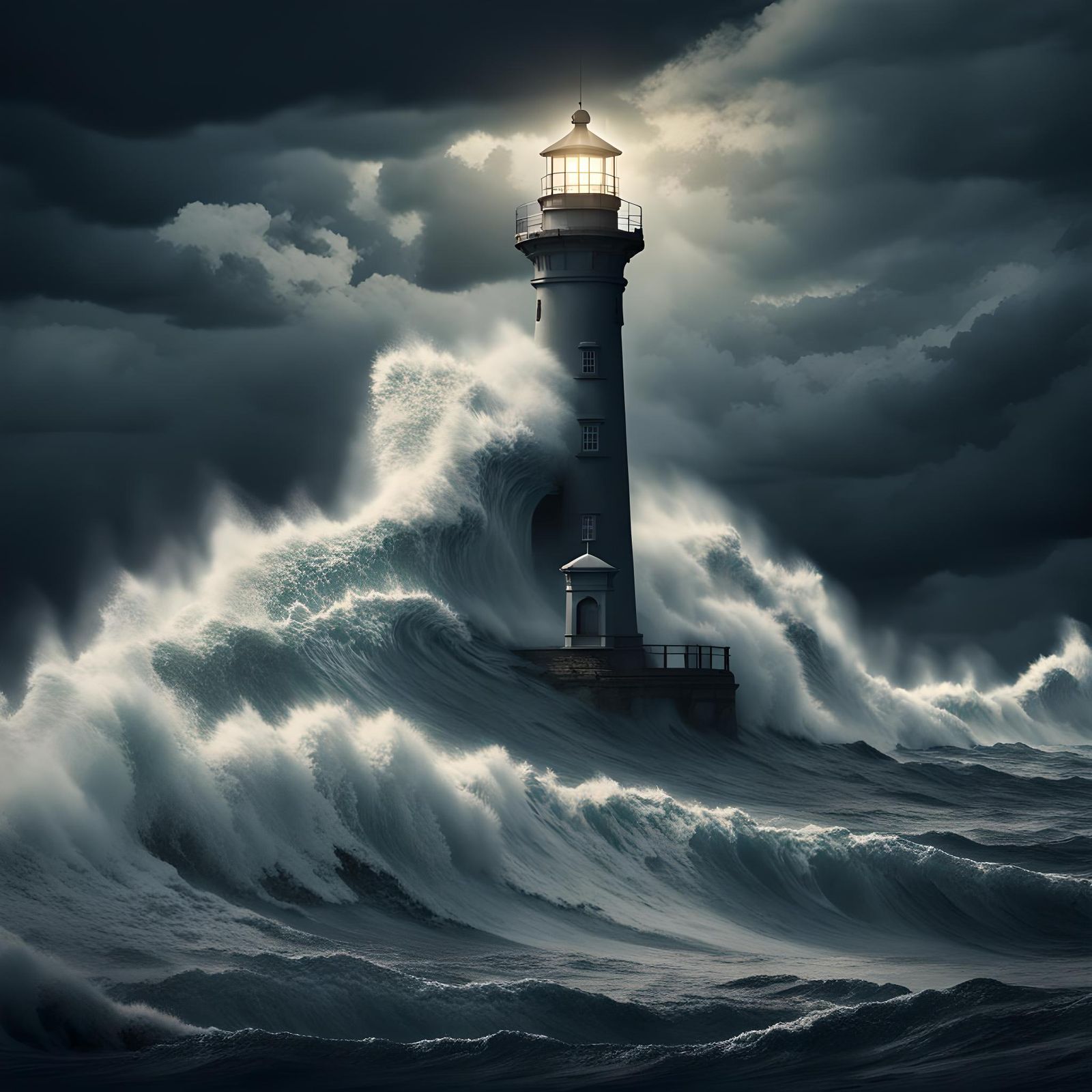 Giant Wave Engulfs Lighthouse in Stormy Sea