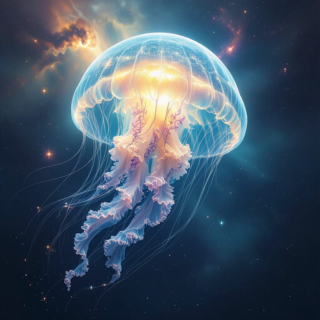 Cosmic Surrealism: Giant Bioluminescent Jellyfish in Space