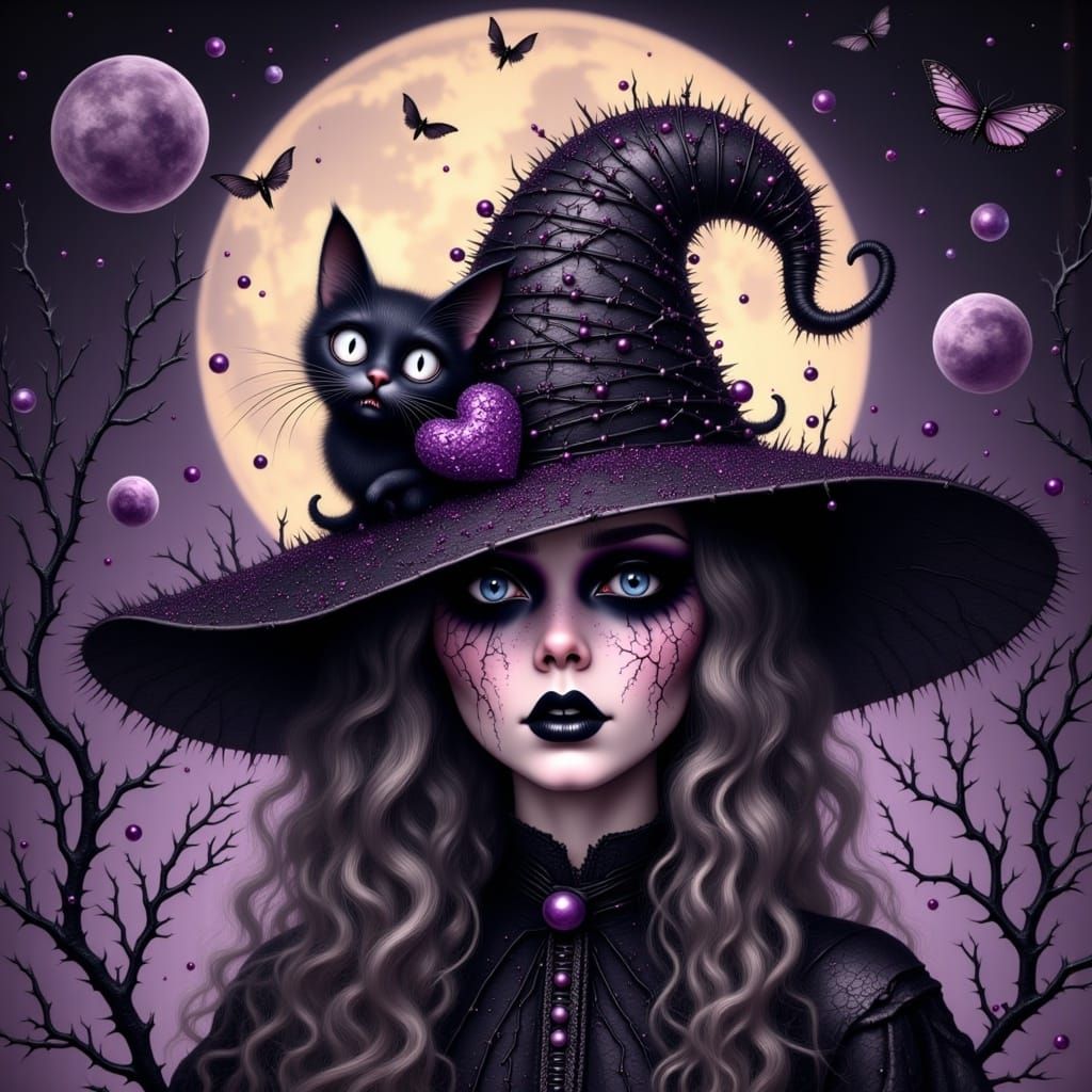 Gothic Lunar Witch with Purple Hat under Moon