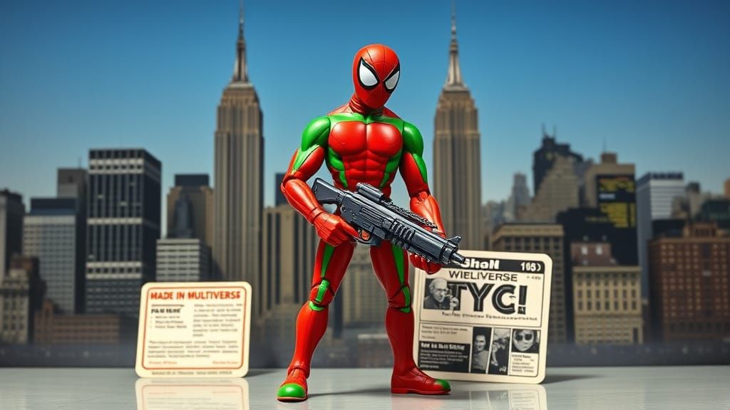 Humorous Action Figure in Bright Red Suit with Green Accents