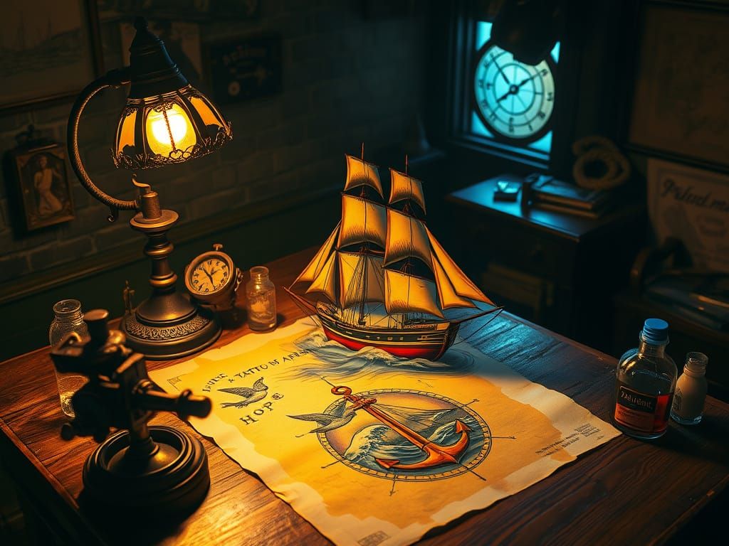 Vintage Tattoo Parlor with Sailor Tattoo Flash Sheet