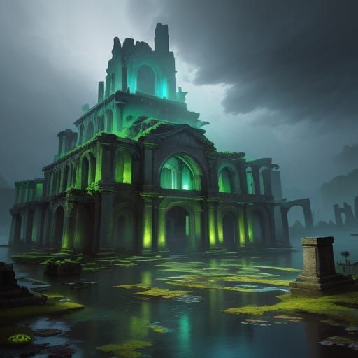Submerged Ancient City in Stormy Waters