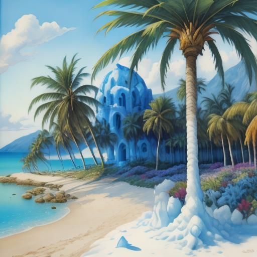 Surreal Snowman on a Beach as Fauvist Oil Painting