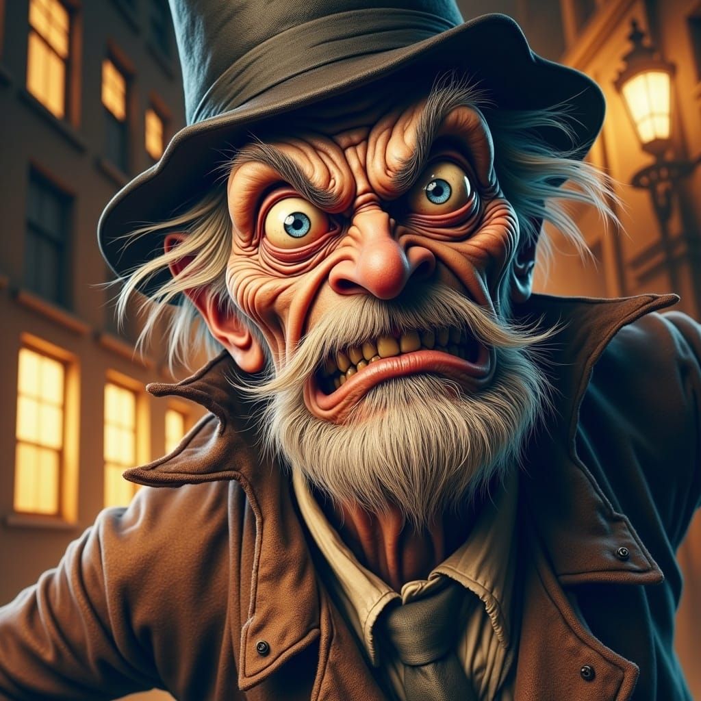 Ebenezer Scrooge in a Dark London Alleyway