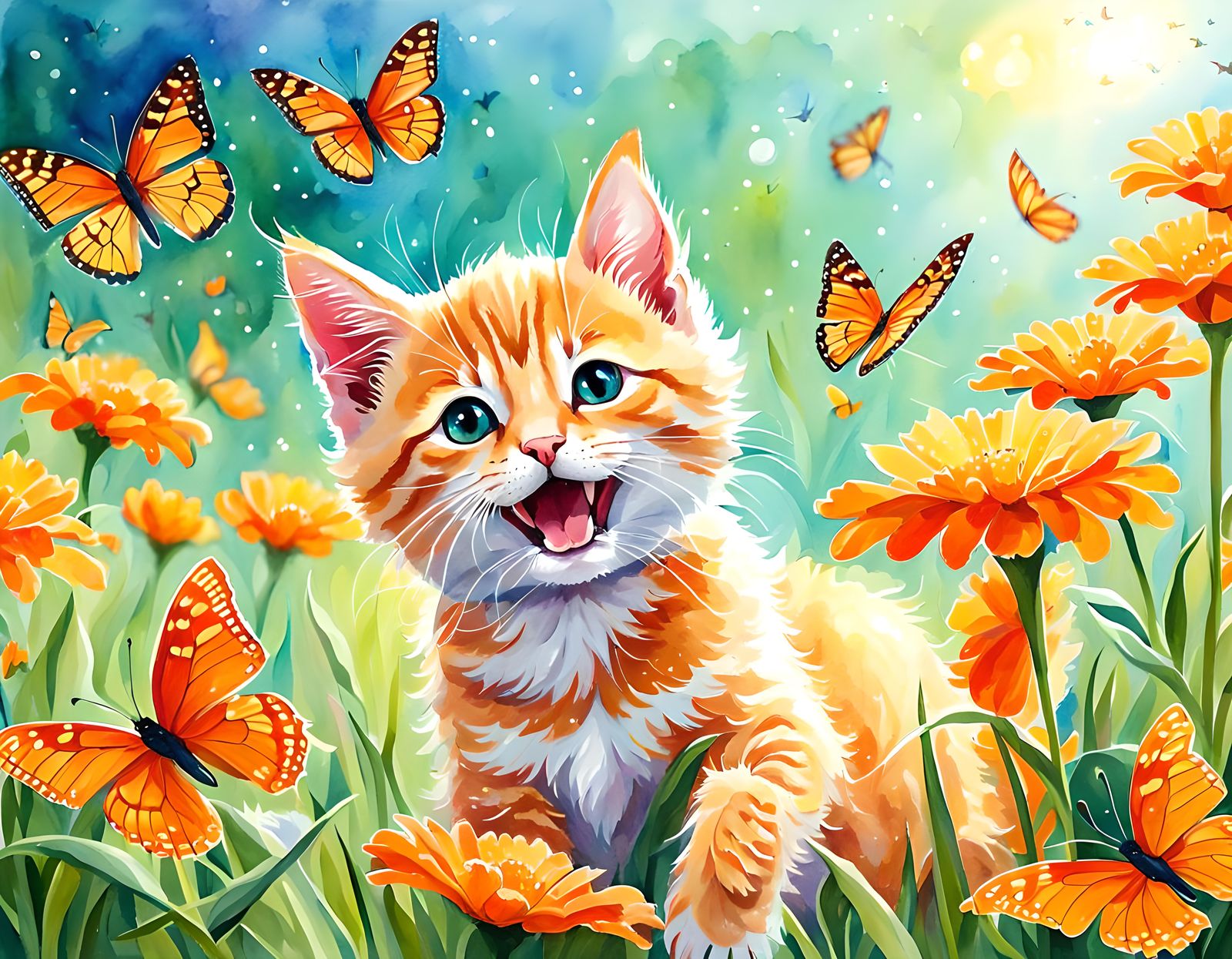 Cute Kitten in Spring Flower Garden: Watercolor