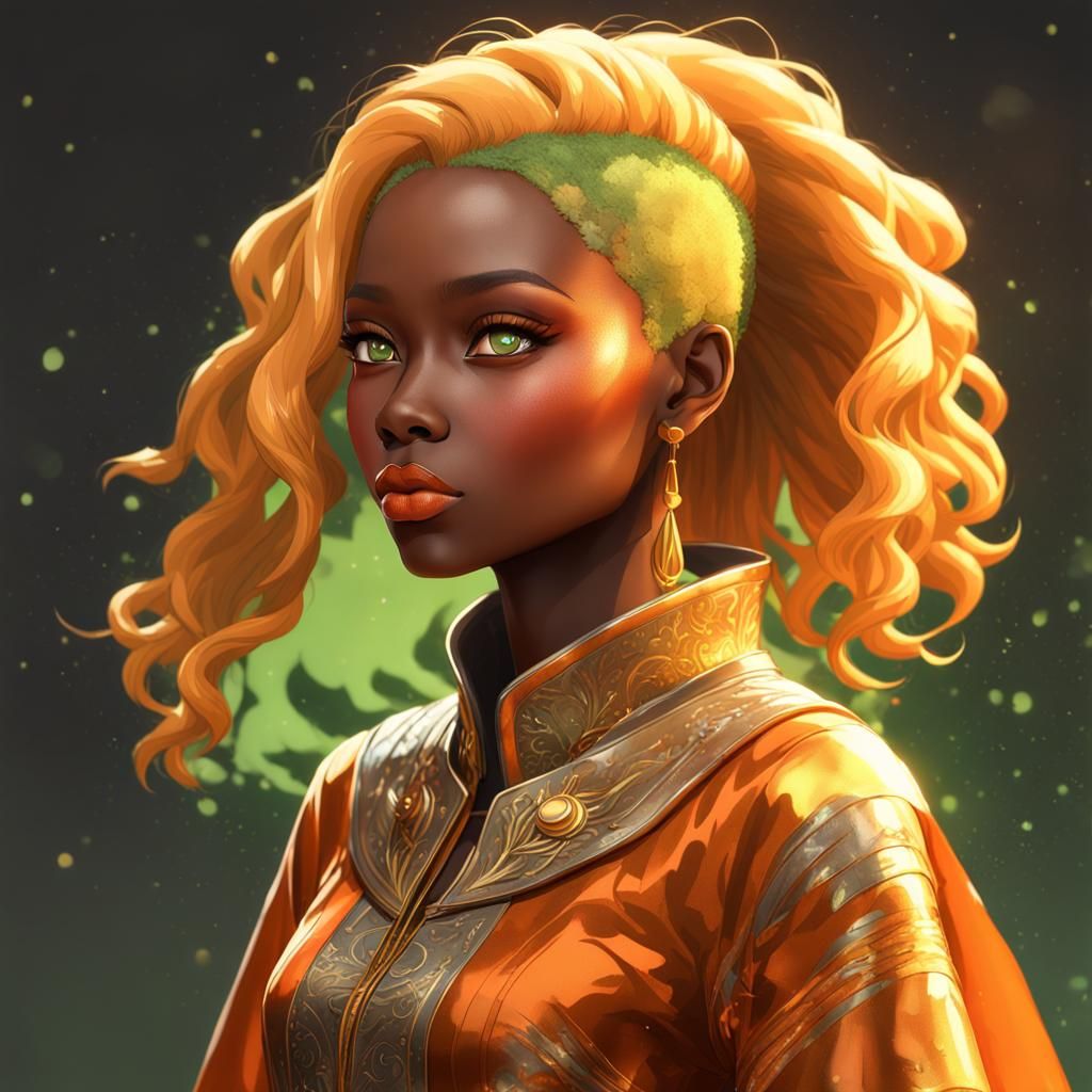 Anime Style African American Woman in Gold Dress