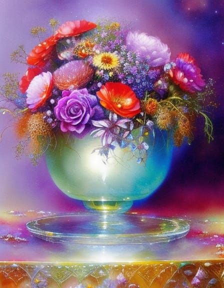 Enchanted Flowers in Crystal Bowl: Watercolor Pastel