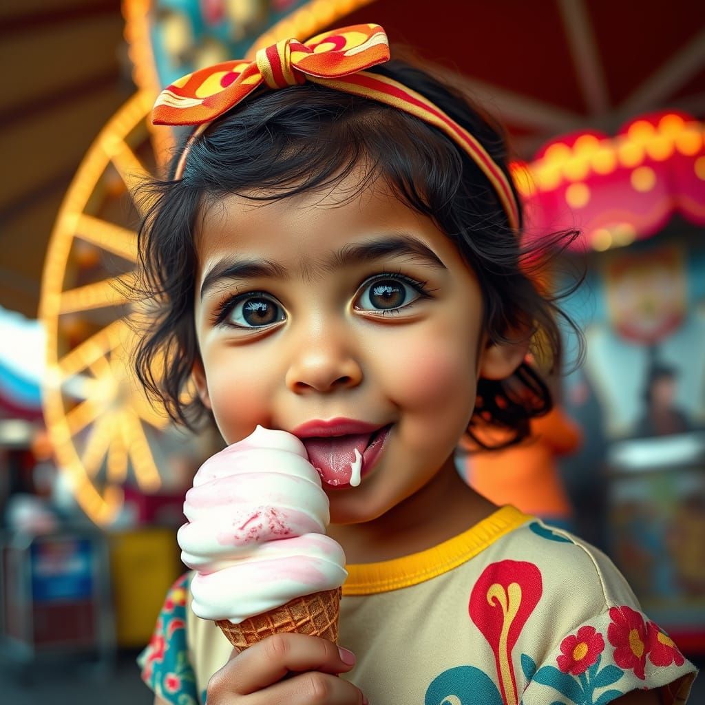 Joyful Girl Licking Ice Cream, Detailed Portrait