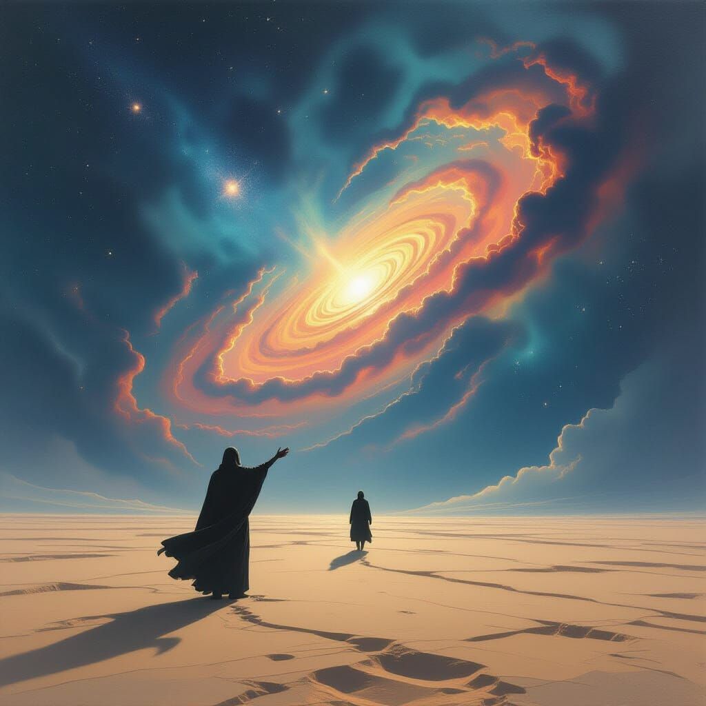 Cosmic Sky and Lone Figure in Surrealist Style