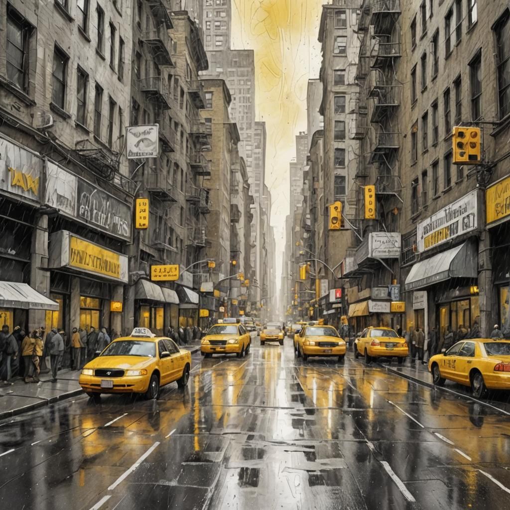 Rainy New York Street Scene in Cartoon Style