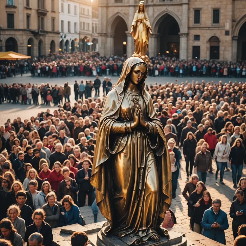 Virgin Mary Statue in City Square: Street Photography