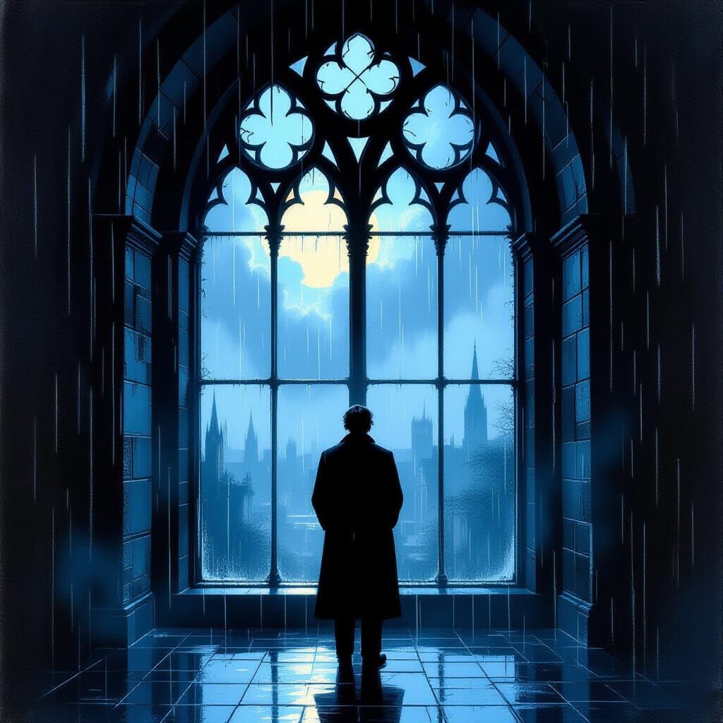 Man Gazing at Rainy Gothic Window with Melancholy Glow