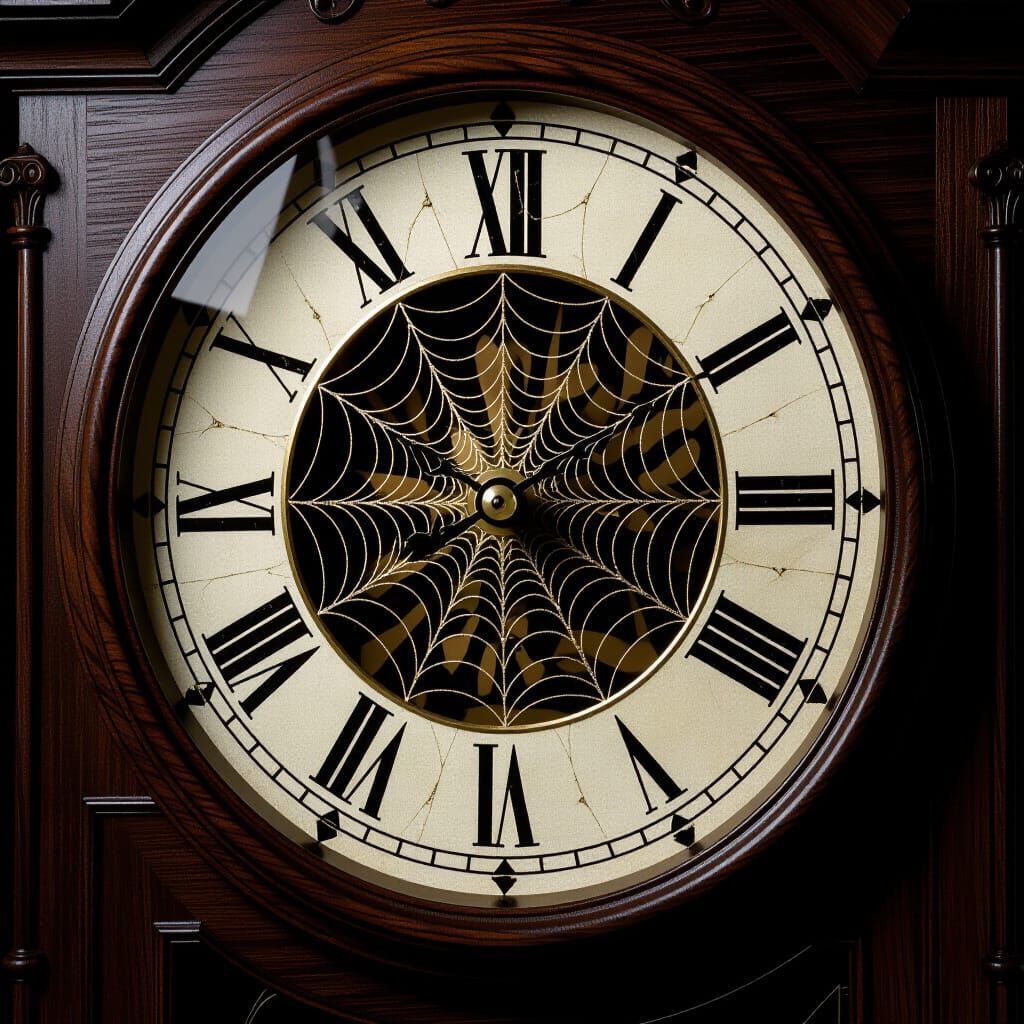 Surreal Grandfather Clock Made of Spiderwebs