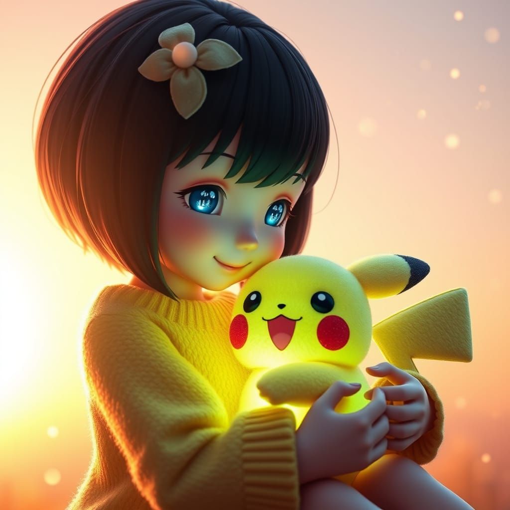 Anime Girl Enchants with Glowing Pikachu in Whimsical Dreams...