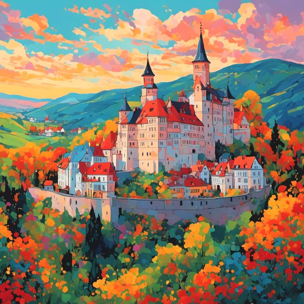 German Castle on the Rhine in Palekh Style