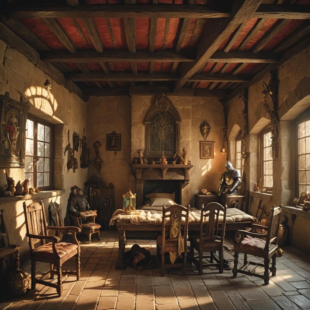 Medieval Bunkhouse Bedroom with Knight in Fantasy Style