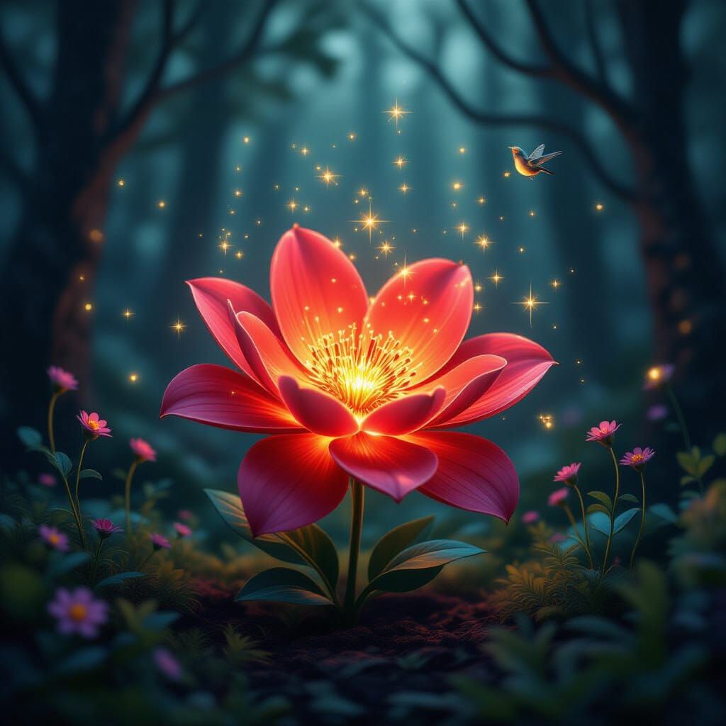 Glowing Red Flower in Magical Forest with Golden Sparkles