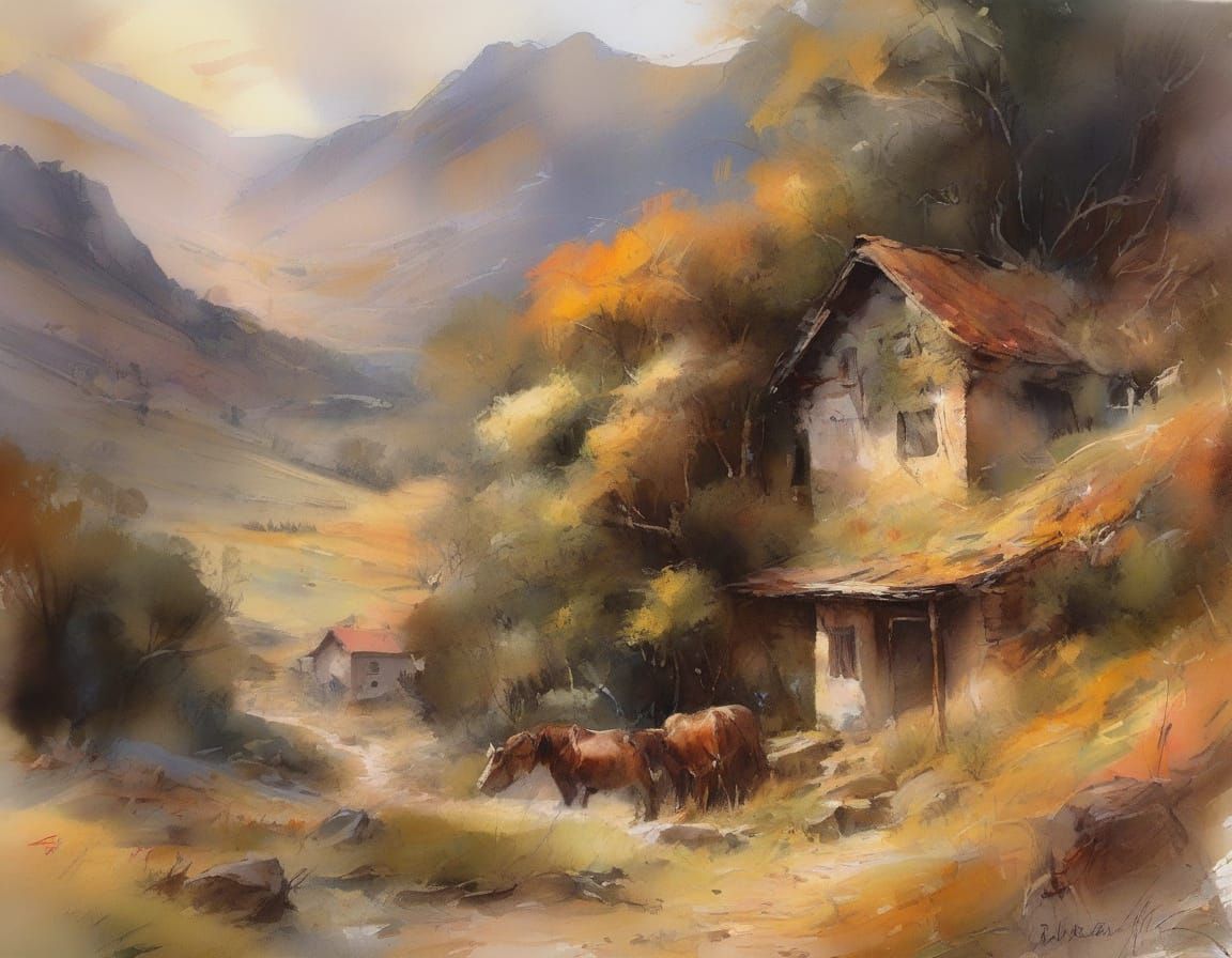 Highland Hamlet in Lush Valley: Watercolour Concept Art
