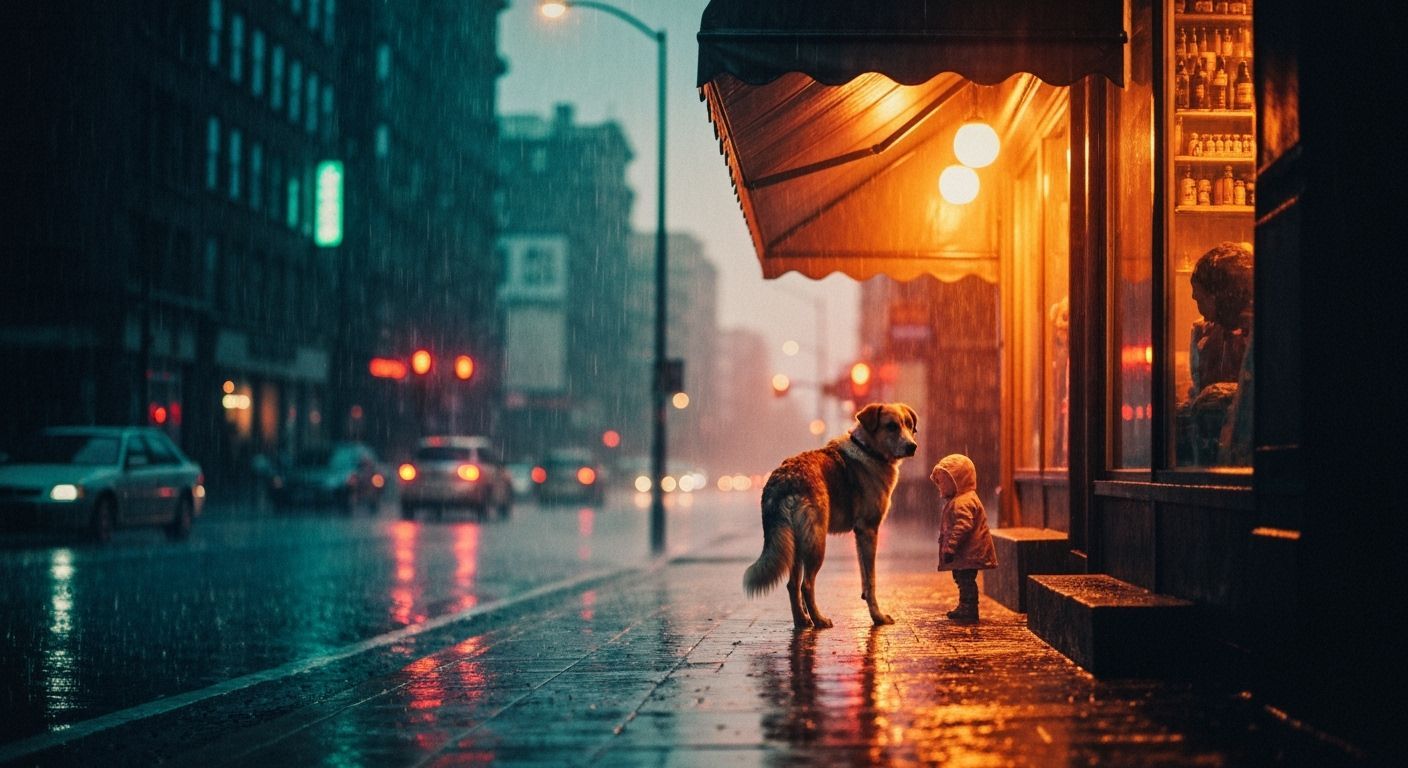 Sad dog in the rain