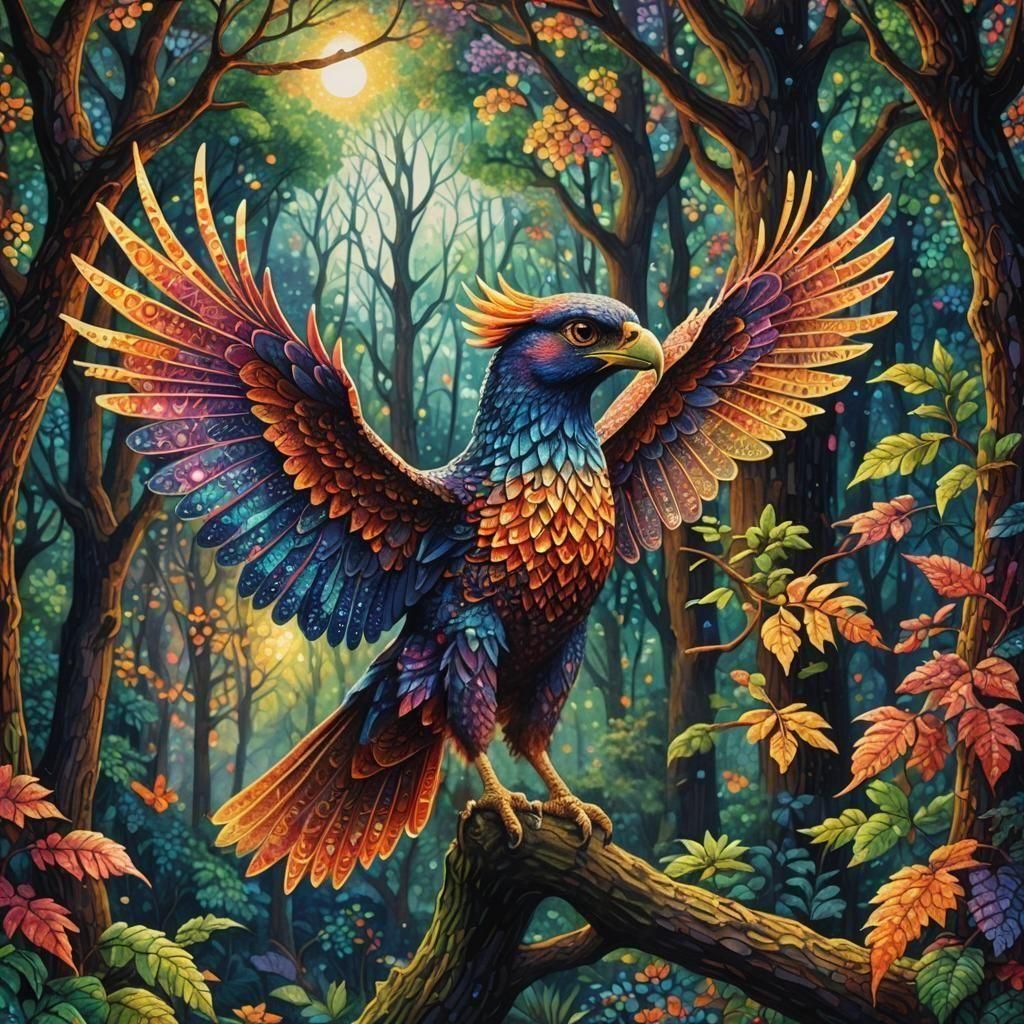 Harpy in Enchanted Forest as Pointillism Art