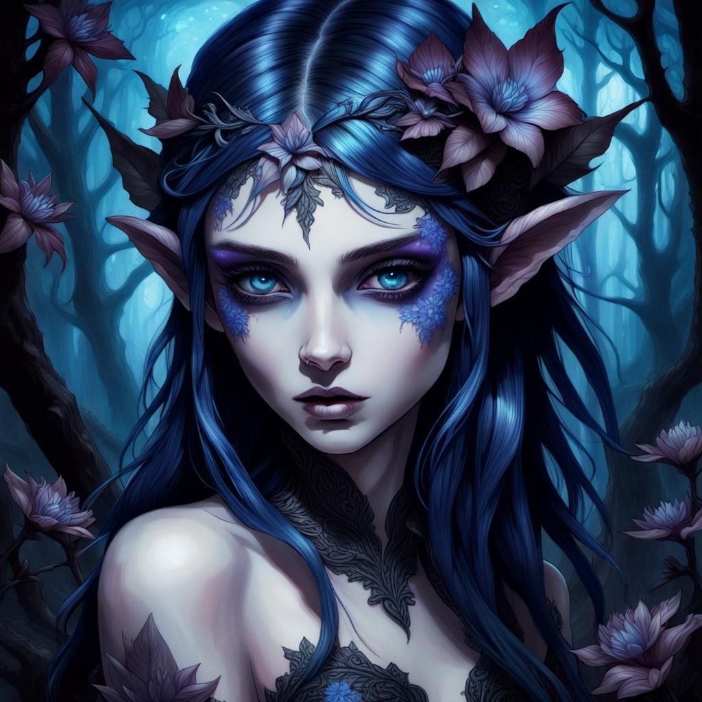 Eerie Dark Fantasy Elf with Bioluminescent Flowers