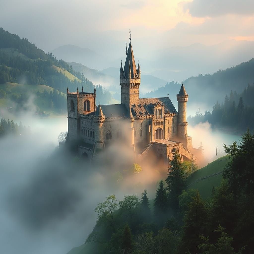 Majestic Castle Ruin Unfolds from Morning Mist in Enchanted ...