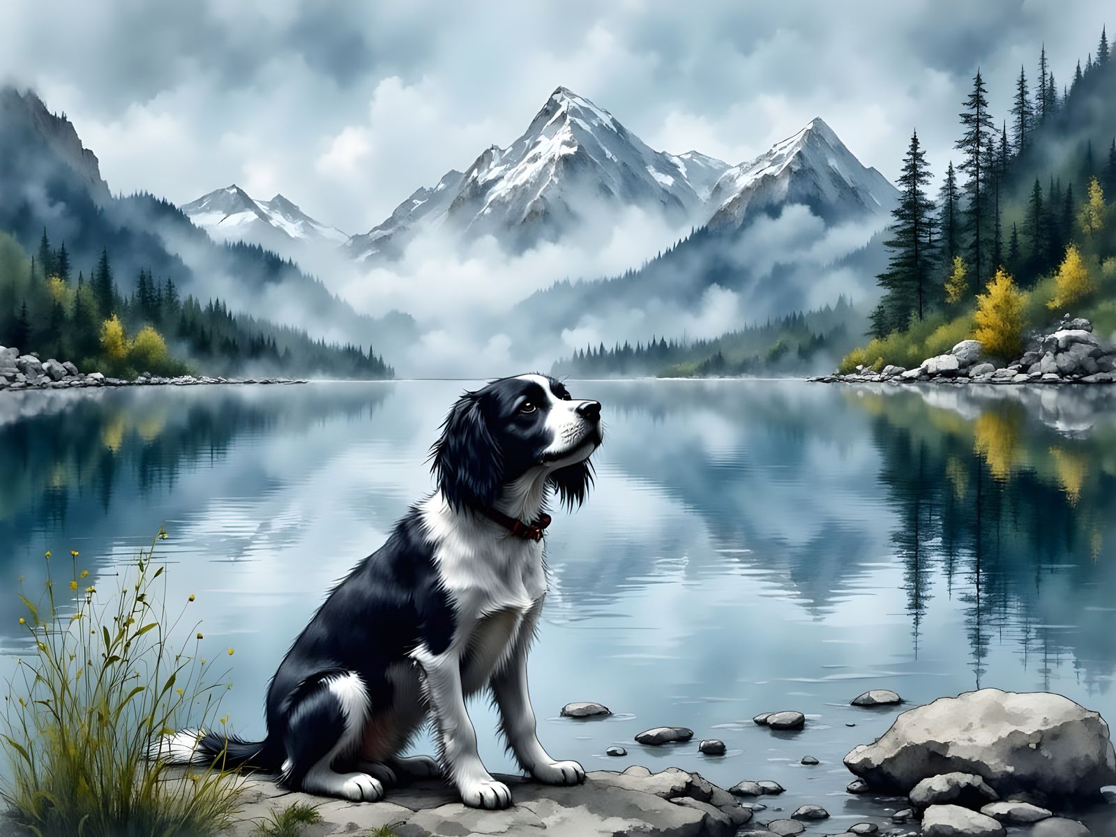 Springer Spaniel in Serene Mountain Lake Setting