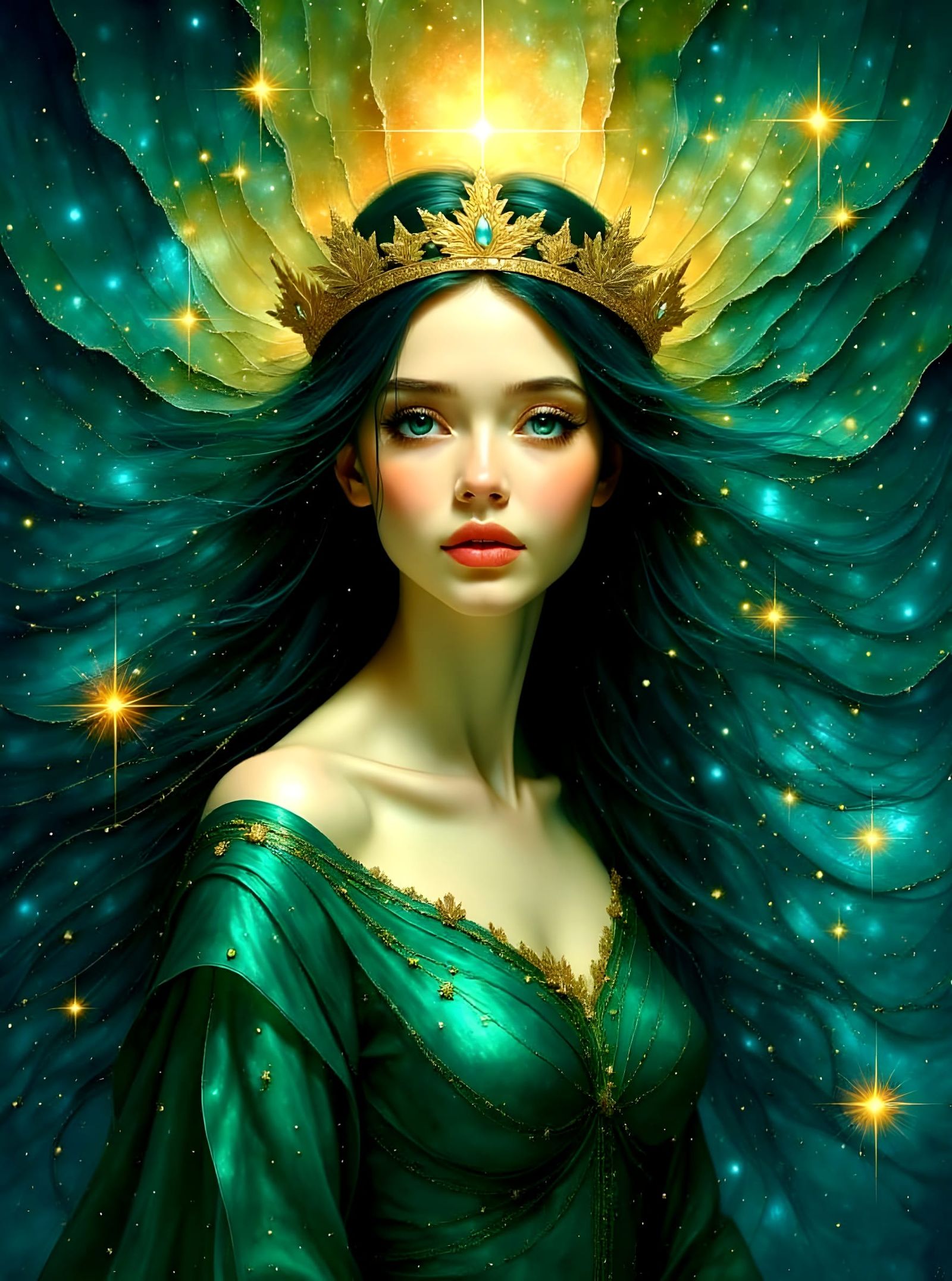 Attractive Woman Smiling in a Colorful Universe