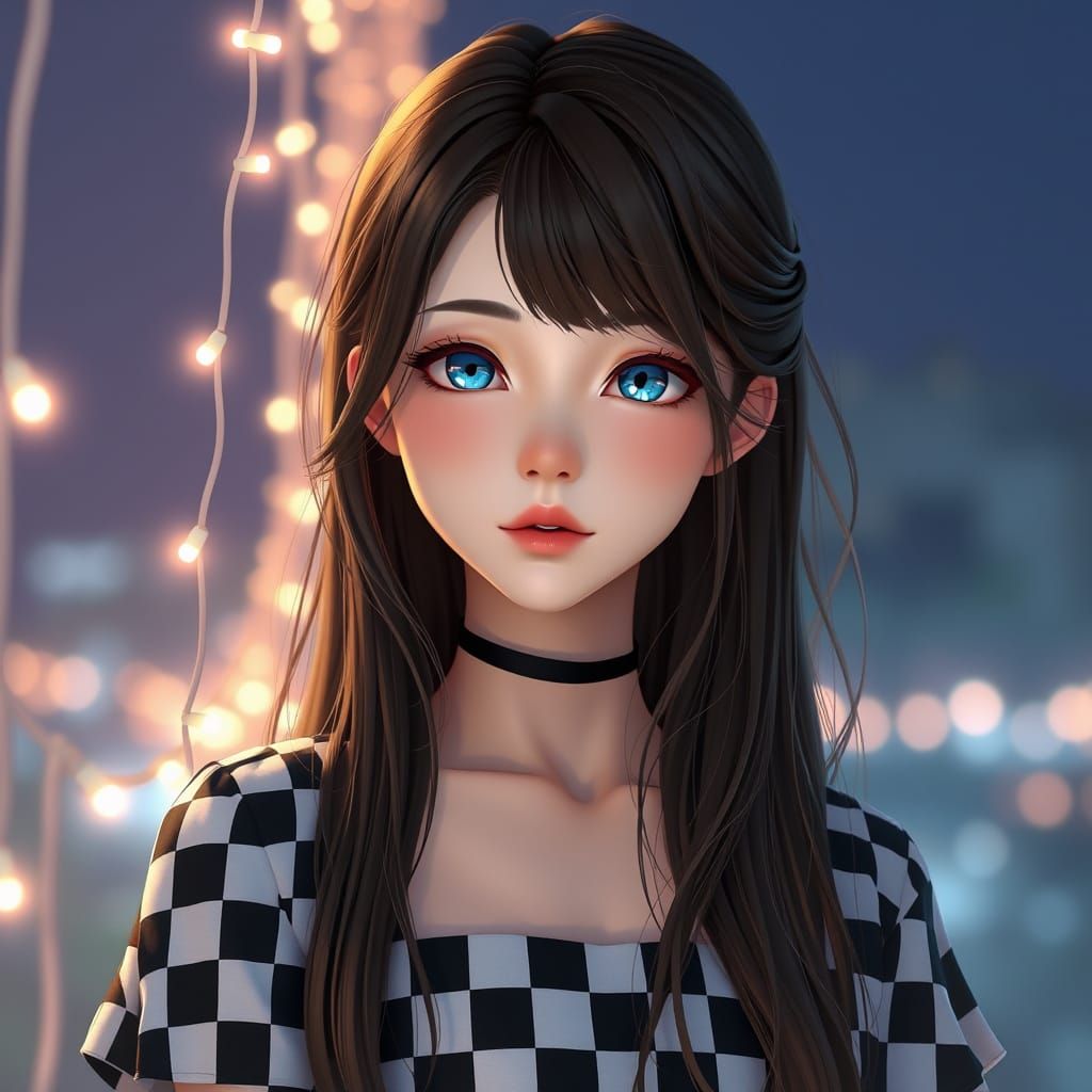 Anime Style Woman in Checkered Dress with String Lights