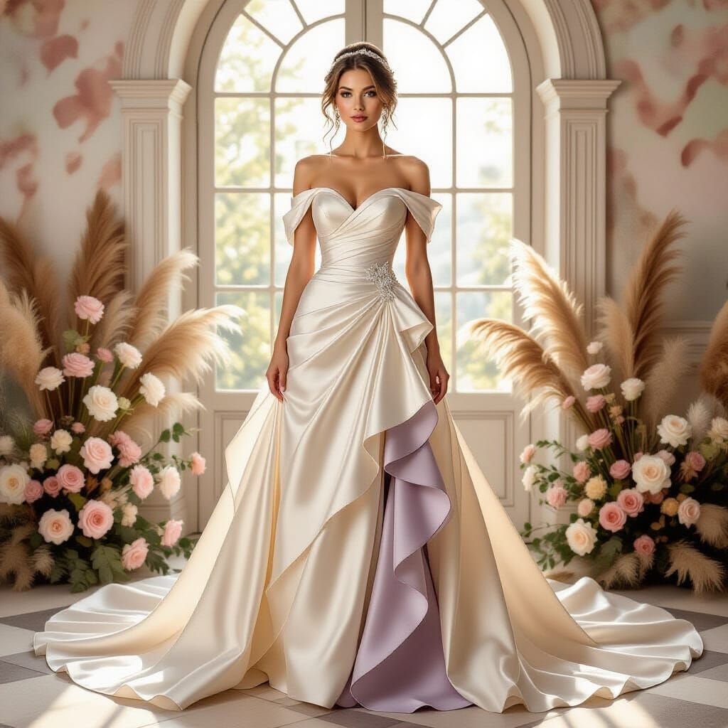Elegant Woman in Lilac Wedding Gown: Mucha Style