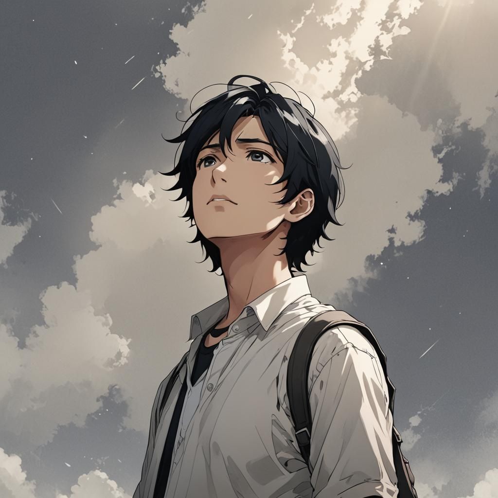 Young Man with Black Hair in Anime Style