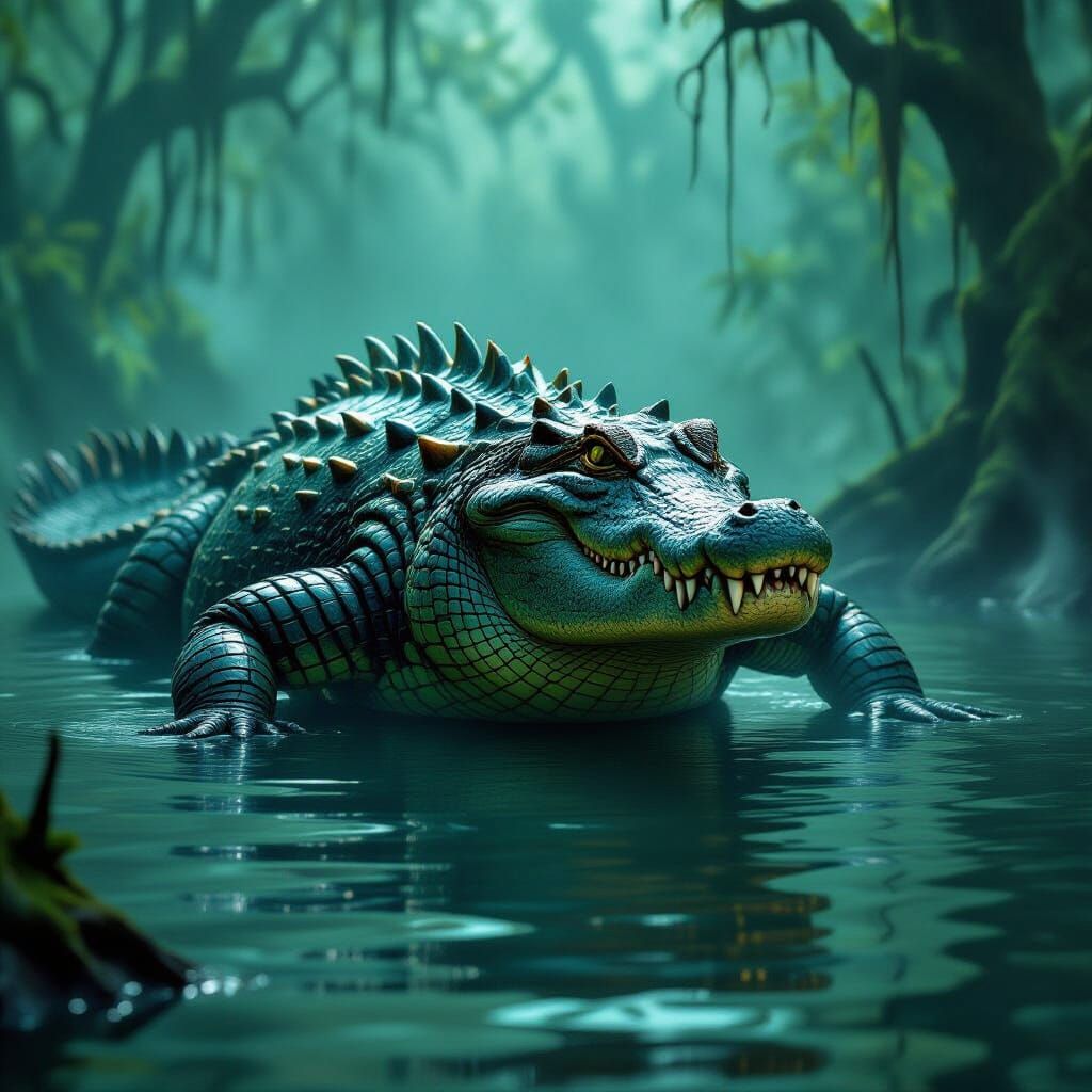 Fearsome Crocodile Alligator Hybrid in Swamp
