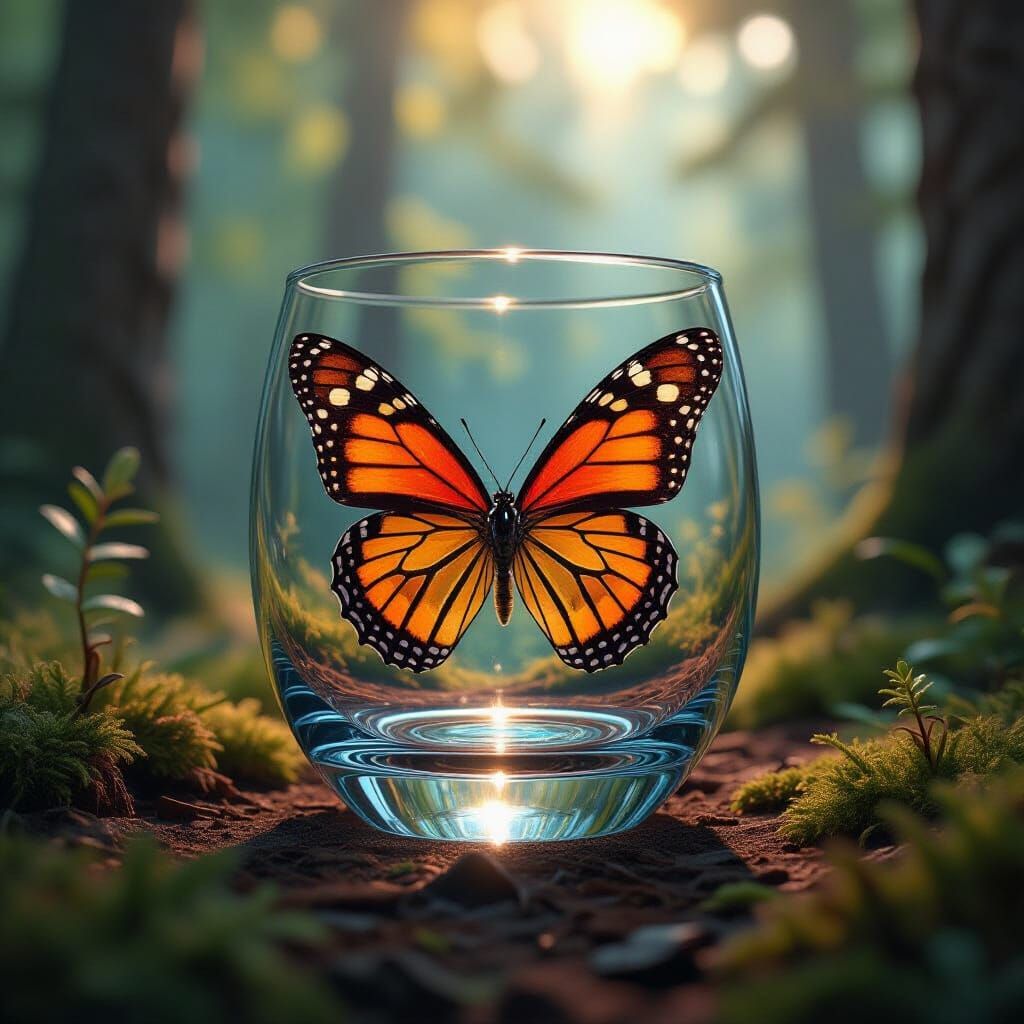 Butterfly in Glass Container: Hyperrealistic Forest Scene