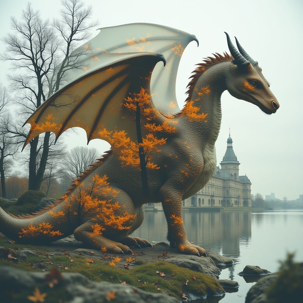 Majestic Dragon soars over a medieval Castle in Fantasy Art