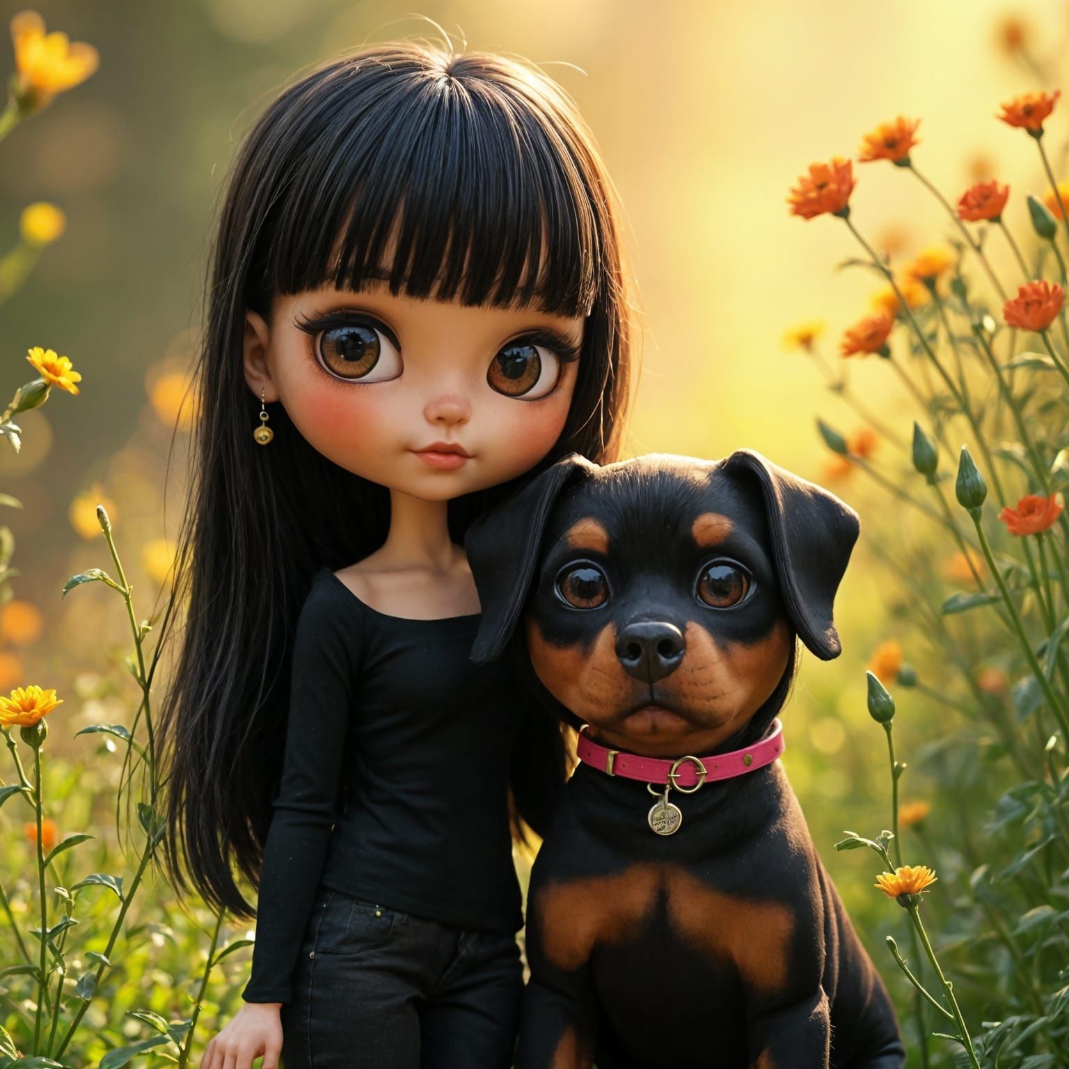 Blythe Doll Portrait with Rottweiler in Nature